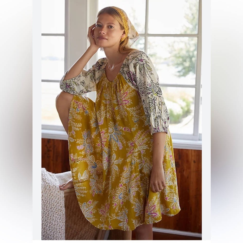 Daily practice mollie tunic dress Puff Sleeve Sundress floral mustard yellow
